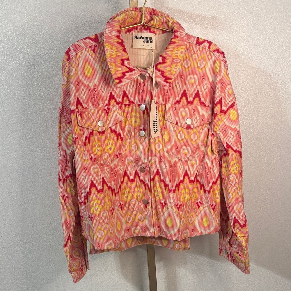 Savanna Jane Corduroy Jacket Pink Yellow Ikat Print Size L NWT